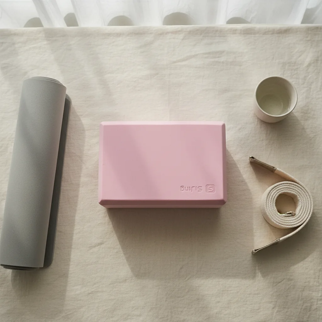 Pink yoga block with a rolled grey mat, a cotton strap and a cup of water on white linen