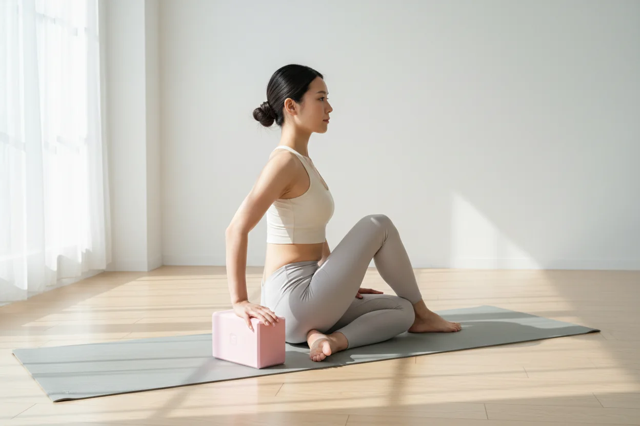 Person in a seated twist pressing one hand on a pink yoga block placed behind the hips